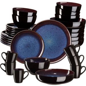 Service - TECTAKE - Set de vaisselle MARE 30 pi&egrave;ces en fa&iuml;ence &eacute;maill&eacute;e 6 personnes fait main compatible lave-vaisselle - Bleu/Brun