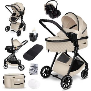 GaGaDumi SoHo poussette combinée 3-en-1 i-Size nacelle & siège auto ultra légère 7 kg certifiée TÜV avec accessoires Beige