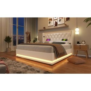 Lit coffre 160x200 cm en PU blanc avec t&ecirc;te capitonn&eacute;e &agrave; boutons ports USB‑C et LED 3 c&ocirc;t&eacute;s &ndash; Design classique