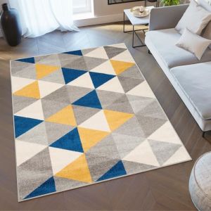 TAPISO Tapis Salon Poils Ras LAZUR Gris Jaune Bleu Triangles Polypropyl&egrave;ne Int&eacute;rieur 300x400 cm