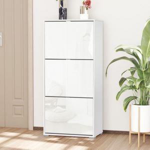 Meuble &agrave; Chaussures Armoire &agrave; chaussures 3 Portes abattantes 3 Compartiments en bois 60L x 26I x 124H cm Blanc laqu&eacute;