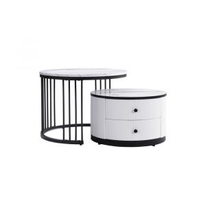 Table Basse Gigogne Blanche Lot De 2 Effet Marbre Brillant Ronde Avec Tiroirs Design Moderne Salon  Pieds De Table Noirs