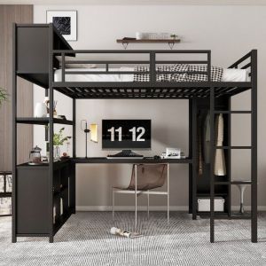 O.Ye Lit mezzanine rangement &agrave; deux niveaux sous le bureau lit sup&eacute;rieur avec rangement penderie fer + agglom&eacute;r&eacute; LIT MEZZANINE