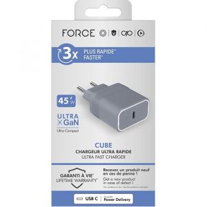 Chargeur USB C - Force Power - Cube 45W - Power Delivery - UltraGaN - Gris
