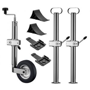 Wiltec Kit B&eacute;quille de remorque avec 10 pi&egrave;ces &ndash; Roue Jockey Support Borne de serrage Cales de roue &ndash; Capacit&eacute; jusqu&rsquo;&agrave; 362 kg &ndash; e