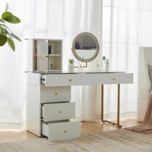 Coiffeuse avec Miroir LED Luminosity R&eacute;glable Plateau Transparent en Verre Tremp&eacute; 5 Tiroir120 x 45 x 115 cm (sans tabouret)