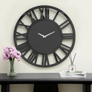 Grande horloge murale moderne avec miroir noir et chiffres romains décoration élégante pour salon - 80cm