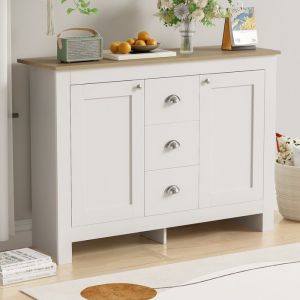 Buffet bahut commode avec 2 portes et 3 tiroirs pieds en bois 116x35x81 cm dessin moderne meubles de salon blanc et bois