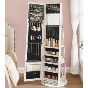 Armoire à Bijoux avec grand miroir psyché étagères de rangement 55 x 55 x 161 cm (P x L x H) blanc