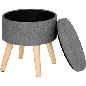 WOLTU Tabouret rond pouf coffre de rangement repose-piedssiège en lin pieds en bois massif 36x 32 cm Gris clair