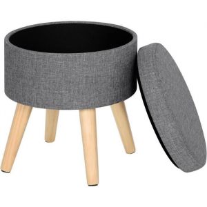 WOLTU Tabouret rond pouf coffre de rangement repose-pieds,siège en lin pieds en bois massif, 36x 32 cm ,Gris clair