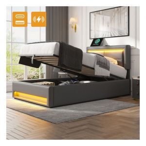 lit 1 personne 90x200 cm avec Port USB Lit Enfant avec éClairage LED et Espace de Rangement Lit Adulte avec TêTe de Lit Gris