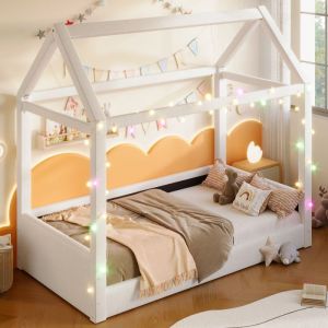 Lit cabane enfant 90x200cm avec bandes LED lit enfant Montessori au sol cadre de lit rev&ecirc;tement en lin beige Sans matelas