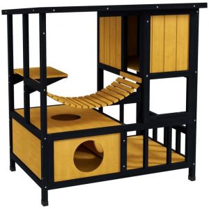 arbre A Chat Maison Bois Avec Pont Suspendu Et Balcon Etanche Pour 1-2 Chats Jusqua 5 Kg Jaune