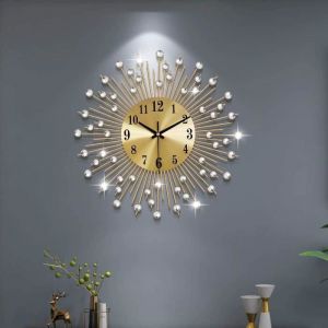 Horloge murale en cristal doré silencieuse pour décoration moderne de maison - 14 pouces