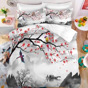Branche fleur oiseau montagne Parure de lit 3 pieces 1 housse de couette 200*200cm et 2 taies doreillers 63*63cm
