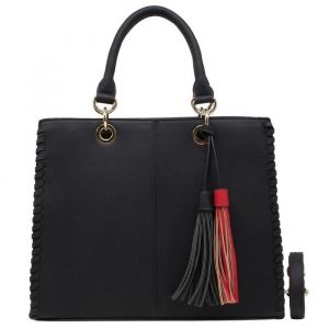 CRAZYCHIC - Sac Main Cabas Fourre-Tout Femme Cuir - Grand Sac Porté Epaule Bandoulière Pompon Franges Ville Tendance Chic - Noir