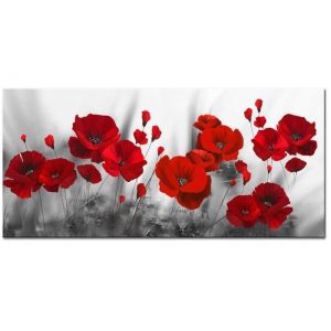 Impression sur Toile Fleurs Coquelicots Rouge  Tableau Décoration Murale Déco Salon Image Peinture sur Toile 120x40cm Sans cadre
