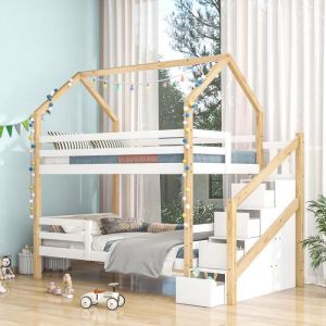 Lit double pour enfant lit cabane avec escalier de rangement lit en bois massif lit avec sommiers à Lattes lit maison en pin
