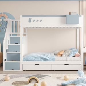 Lit Superpos&eacute; Enfant 90x200 en Bois avec &Eacute;tag&egrave;re Amovible &Eacute;chelle de Rangement S&eacute;curis&eacute;e et Tiroirs &ndash; Blanc Bleu