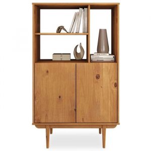 Buffet haut SIMONA 80x133 cm en Bois massif coloris ch&ecirc;ne avec 2 Portes et &Eacute;tag&egrave;res Vaisselier en hauteur