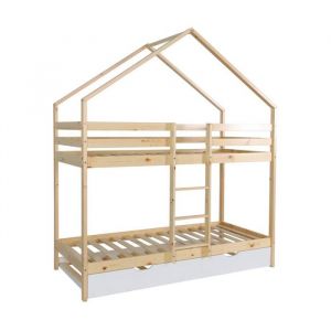 Lit enfant superpos&eacute; cabane 90 x 190 cm pin naturel avec sommier et tiroir blanc - Roya