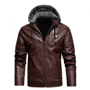Blouson Homme Hiver Simili cuir Doubl&eacute;e polaire A capuche amovible Manches longues Chaud - INSFITY - Bordeaux