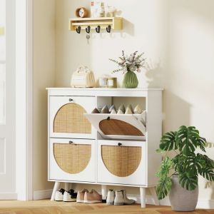 Meuble &agrave; chaussures 4 abattants 20 paires &eacute;tag&egrave;re r&eacute;glable style boh&egrave;me pieds en bois massif 105 x 24 x 975 cm blanc