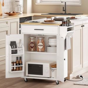 HOOBRO Desserte d’Îlot Cuisine Buffet à roulettes avec 2 Portes et 3 Prises électriques Chariot de Cuisine avec tiroir