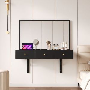 Coiffeuse avec miroir -CDISPLAY - &agrave; fixer au mur - 3 tiroirs - noir - 100 &times; 105 &times; 45 cm