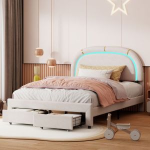 Lit Double Rembourré 140x200 cm avec éclairage LED Lit adulte en Velours Beige 2 Tiroirs et Sommier à lattes Style Scandinave