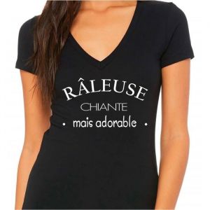 T-shirt femme col V r&acirc;leuse chiante mais adorable - Noir - Manches courtes - 100% coton