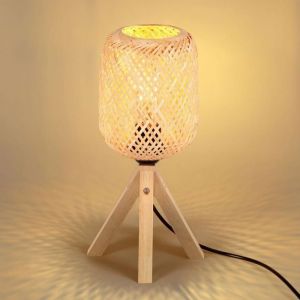 WOTTES Lampe De Chevet En Bois à Trépied E27 Abat-Jour En Bambou Lampe Chevet Rétro Lampe De Table 1pcs Pour Salon Bureau