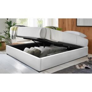 Lit Coffre Vegas 180x200 Sampur  Blanc  Simili Cuir  Sommier &agrave; Lattes Flexibles Inclus  Rangement XXL  Pratique et Robuste