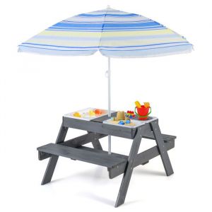 COSTWAY Ensemble 4 en 1 - Table et Bancs de Pique-Nique pour Sable et Eau 3 Bacs Enfants 3 ans+ avec Parasol Amovible pour Jardin