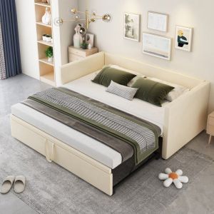 Lit gigogne 90/180*200 cm Lit capitonné Canapé-lit escamotable avec sommier à lattes - beige