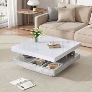 Table basse salon carréPivotante à 360 °Avec 2 Compartiments de RangementMeubles de salonDesign Blanc - Gris 70x70x36cm