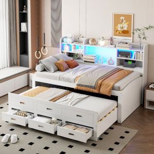 Lit gigogne 2 places 90x200+ 90X190cm Lit capitonné Canapé-lit en lin avec LED 3 tiroirs table de chevet et USB+Type-C blance