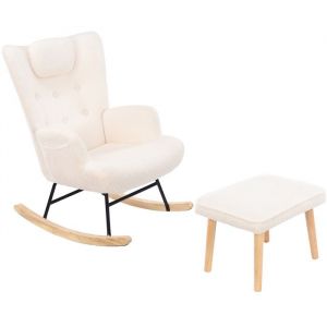 Fauteuil à Bascule - LUMINARIX - Rocking Chair Pieds en Bois Massif Appui-tête et repose-pieds Velours Teddy Beige