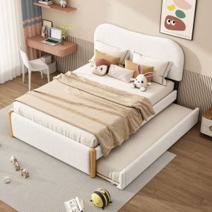 Lit gigogne 90/140x200 cm Lit extensible Canapé-lit Lit adulte avec sommier à lattes Cadre en bois massif lit 2 places tissu Blanc