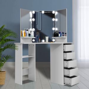 Coiffeuse dAngle Grise avec Miroir et LED - ELOKLEM - Coiffeuse Meuble 5 tiroirs et étagère-Bureau Coiffeuse Style Moderne
