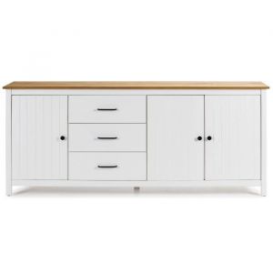 Buffet en pin massif d&eacute;cor cir&eacute; ch&ecirc;ne et blanc meuble de rangement - Longueur 190 x Profondeur 40 x Hauteur 80 cm