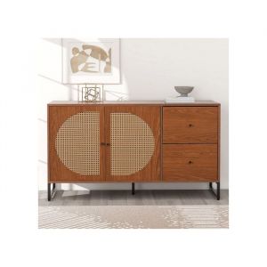 SogesHome BUFFET-BAHUT-ENFILADE 140x40x75cm blanc & bois 2 portes rotin 2 tiroirs poignées métal structure MDF renforcée