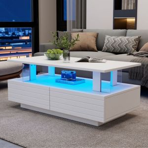 Table basse LED 100 x 50 x 42 cm acrylique blanc double plateau 2 tiroirs &eacute;clairage pilotable par appli/t&eacute;l&eacute;commande