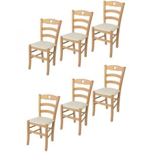 Tommychairs - Set 6 Chaises cuisine CUORE structure en bois de h&ecirc;tre peindr&eacute; naturel assise en tissu couleur ivoire
