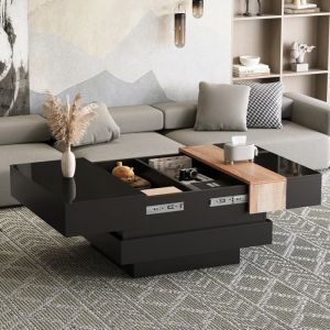 Table basse brillant extensible 70 x 70 x 39 cm Table basse carr&eacute;e salon moderne en bois avec rangement cach&eacute; - noir