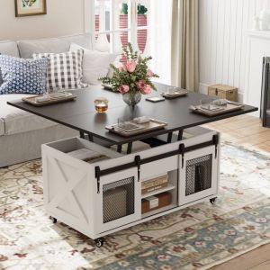 Table Basse Relevable 3 en 1 Salon -VOWNER -Multifonctionnelle avec Rangement Cach&eacute; Extensible Convertible Style Ferme Noir