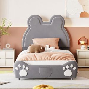 Lit enfant 90x200 avec sommier à lattes et tête de lit capitonnée lit simple avec tête de lit en forme doursTissu en velours