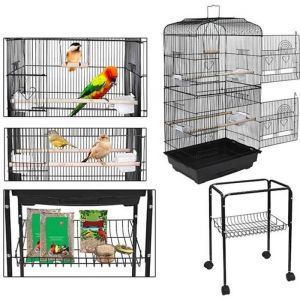 JINKEEY Grande Cage Oiseaux en Métal pour Canaris Perruches Calopsittes - Volière à Roulettes/Plateau Amovible - Noir 46x35x150.6 cm