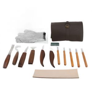 Kit de Sculpture sur Bois 15 Pi&egrave;ces - Outils de D&eacute;tail & Grattoir avec Manche en Noyer - Pierre &agrave; Aiguiser et &agrave; Polir